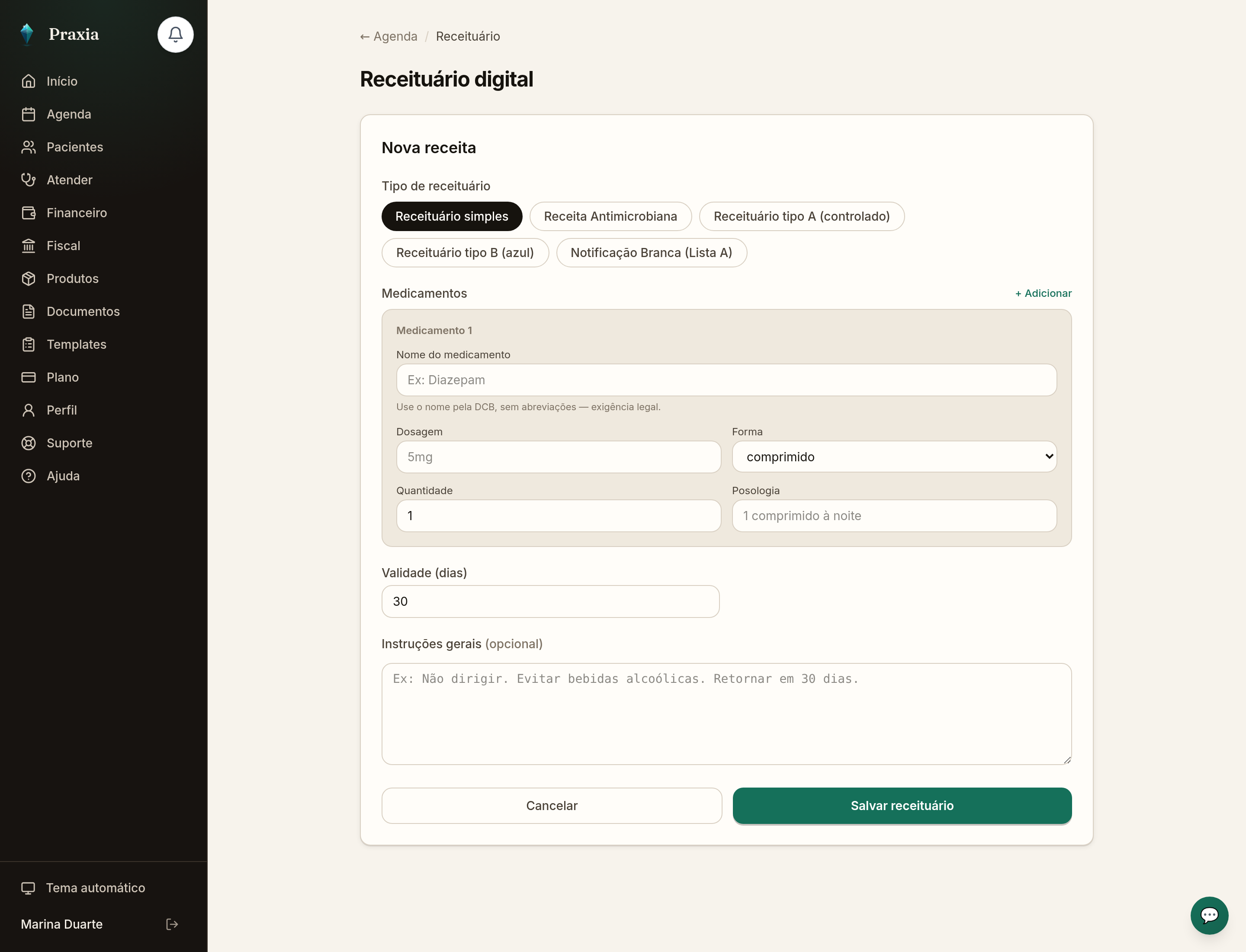 Receituário digital do Praxia com os tipos simples, antimicrobiano, controlado A e B e Notificação Branca.